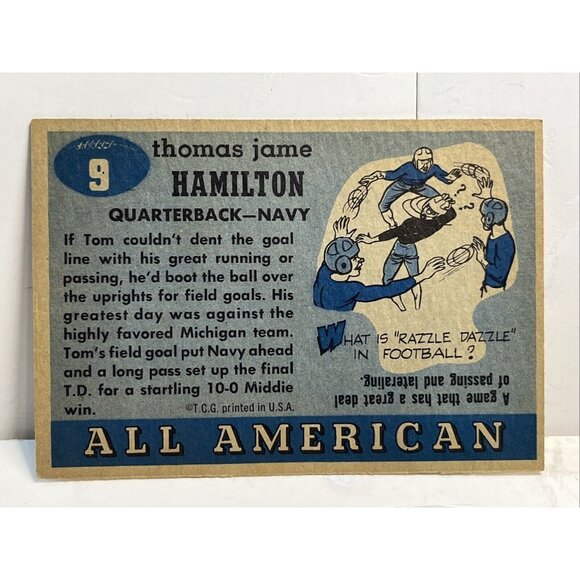1955 Topps #9 Tom Hamilton Card All American W/ NAVY Great Shape Xmnt! Grade It! - Picture 2 of 2